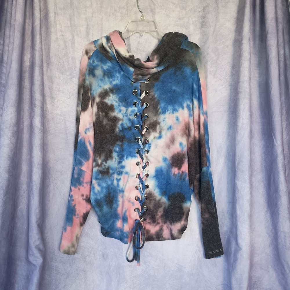 Ariella Soft Tie Dye Lace Up Back Cowl Neck Top